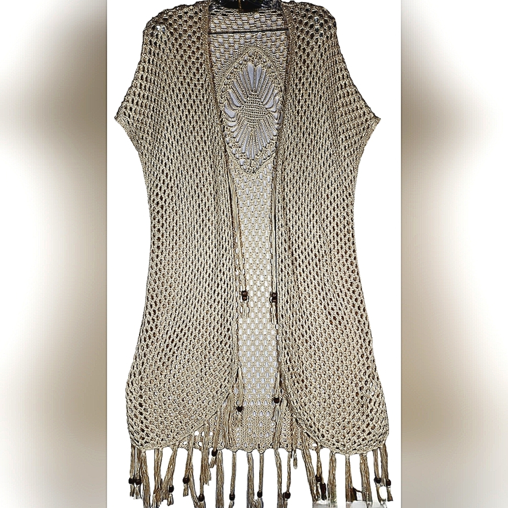 One World Tan Hippie Boho Crocheted Beaded Short Sleeve Cardigan